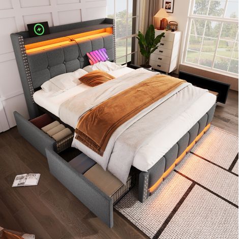 Lit 160x200 avec 4 tiroirs,lit capitonné,lit double,lit adulte,avec LED et prise USB,tête de lit avec étagères et rangement, tissu en lin,gris (1/5)