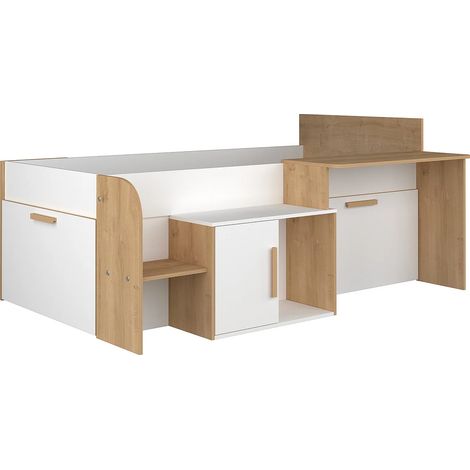 Lit combiné 90 x 200 cm avec bureau et rangements - Coloris : Blanc et naturel - PEDRO