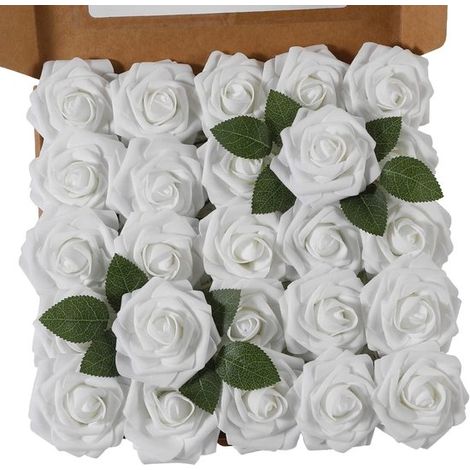 25 rose artificiali realistiche con stelo, adatte per bouquet da sposa, decorazioni per la tavola, feste di matrimonio e decorazioni per la casa (bianche, set da 25 pezzi) (1/5)