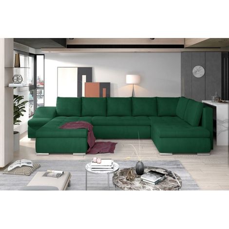 Canapé panoramique convertible JONAZ velours - Rangement integré A gauche-Vert-Méridienne A gauche (1/5)