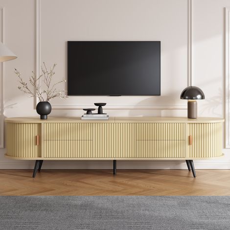 Meuble TV ovale 180 x 40 x 45 cm, couleur bois, motif à rayures verticales, 4 tiroirs et 1 placard, porte coulissante, meuble TV bas, meuble de salon, compatible avec les téléviseurs jusqu'à 80 pouces (1/5)