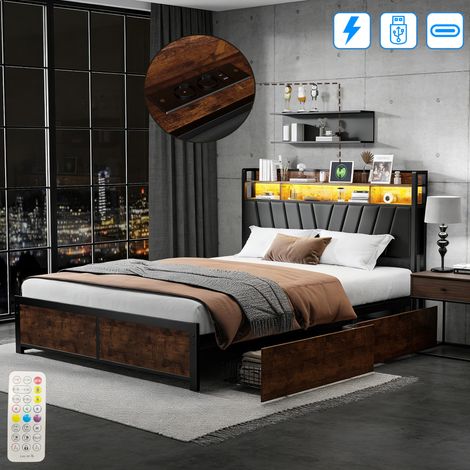 Lit double adulte 160×200 avec 4 tiroirs de rangement et sommier métallique - Cadre de lit avec chargement USB et type C - APP Control LED - PU (1/5)