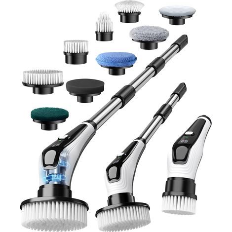 Brosse Rotative Nettoyage avec 9 Têtes, Manche Extensible 2 Vitesses, Batterie 3000mAh, Brosse Nettoyage Electrique étanche IPX8 pour Salle de Bain, Cuisine et Voiture (1/5)