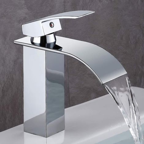 Robinet de salle de bain, robinet de lavabo au design moderne effet cascade, corps de vanne en cuivre durable, laiton chromé. Eau chaude et froide disponibles. (1/5)