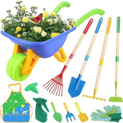 LATERN D'outils de Jardinage pour Enfants, 70CM Brouette avec 70CM Métal Pelle Râteau Houoche Râteau à Feuille 20CM Pelle Râteau Tablier, Éducatif Jouet pour L'extérieur Jardin Cour Creuser Jouer (1/5)