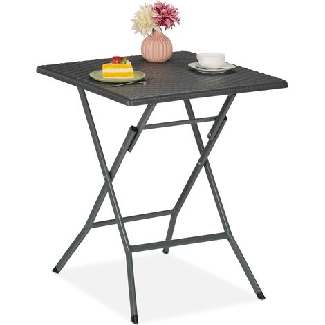Relaxdays Gartentisch, klappbar, HxBxT: 73 x 62 x 62 cm, Rattanoptik, Kunststoff, Stahl, wetterfester Balkontisch, grau (1/5)