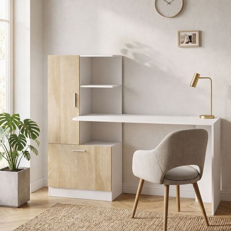 Bureau d'Ordinateur avec Bibliothèque, Bureau Informatique, Placard et Étagères Ouvertes, 150x55x122cm, Blanc et Naturel (1/5)
