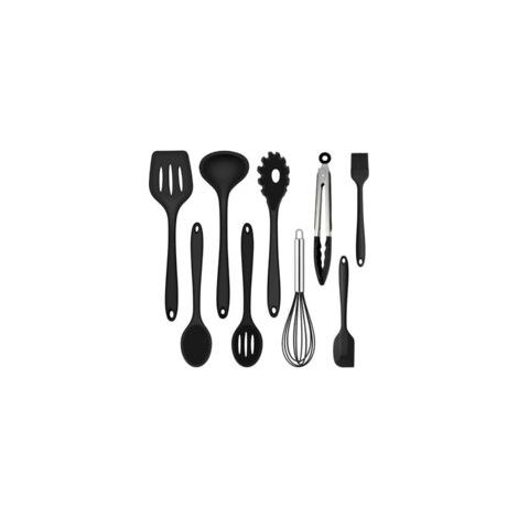 Lot de 9 ustensiles de cuisine en silicone résistants à la chaleur - Avec spatule - Fouet - Pince à barbecue - Couverts de cuisine antiadhésifs pour la cuisson et la cuisson-Crezuo