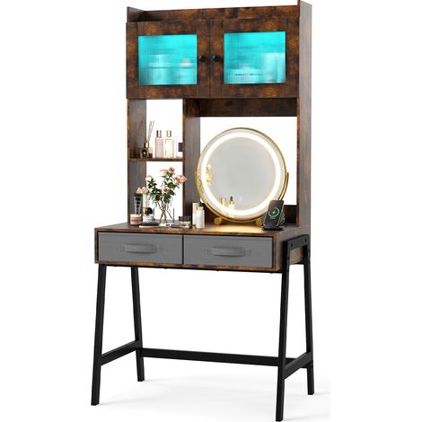 COSTWAY Makeup Table with Adjustable Light Mirror USB Charging Station Storage Brown (1/5)