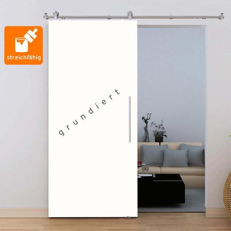 Porte coulissante intérieure Schulte, 90 x 206 cm, à peindre soi-même, Porte pleine en bois blanc - Rail apparent, poignée barre, Softclose