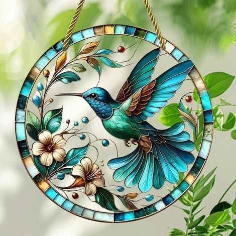 Glasmosaik-Sonnenfänger – Ulisem – Kolibri und Blume – 20 cm × 20 cm – handbemalt