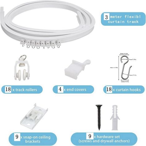 Ensemble de rail de rideau incurvé de 3 mètres, rail en PVC, rail coulissant silencieux, rail de guidage incurvé flexible en acier et plastique en forme de U, blanc. (1/5)