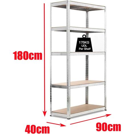 Étagères de Garage, Étagère Charge Lourde, Etagere Metallique Rangement Garage, Capacité 875 kg (175 kg/Niveau), 5 Niveaux MDF Étagère Réglables de Rangement Stockage Cave, 180x90x40cm
