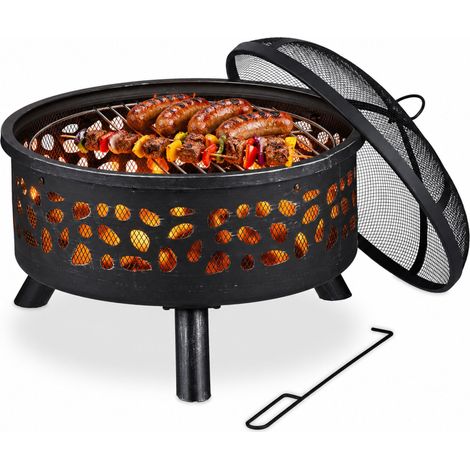 Relaxdays Feuerschale mit Grillrost & Funkenschutz, Schürhaken, Kohlerost, Ø 60 cm, Feuerstelle Garten, schwarz/silber (1/5)
