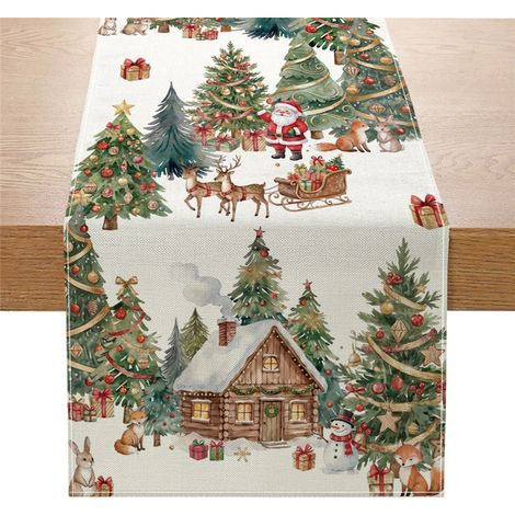 Chemin de table de Noël neuf, imprimé Père Noël et rennes, nappe longue - 180 x 30 cm (polyester) - 9