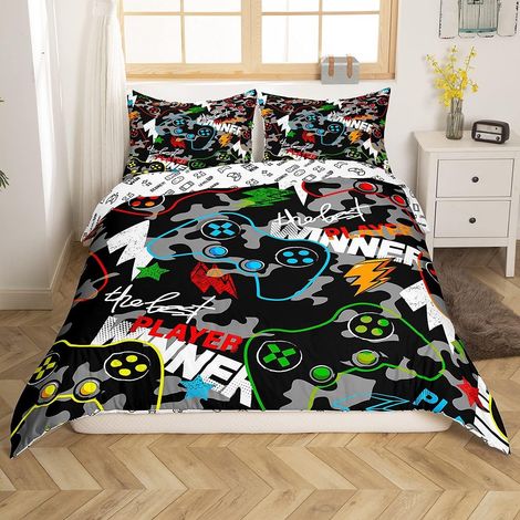 Gamer Parure de Lit 140x200cm Enfants Camouflage Jeux Vidéo Ensembles de Housse de Couette pour Garçons Adolescents Gris Camo Gaming Housse de Couette Respirant Game Player Room Decor - 140 x 200 cm (1/5)