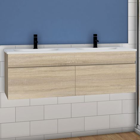Acezanble 120(L)x45(W)x40(H)cm Acezanble meuble Salle de Bain natural avec 2 portes à une fermeture amortie avec 2 vasques à suspendre