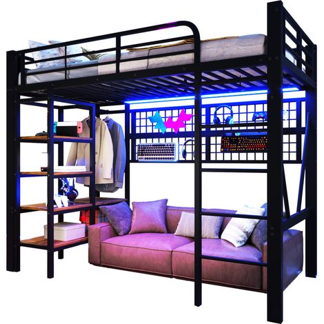 Lit mezzanine 90 x 200 cm noir avec LED pilotable par app, étagère, filet de rangement, portique à vêtements et espace ouvert dessous CHICFURN (1/5)