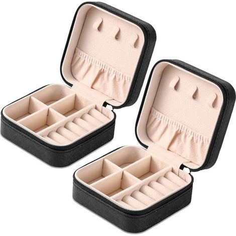 Boîte à bijoux de voyage Portable 2 pièces, boîte de rangement de bagues en cuir pour filles et femmes (noir) (1/5)