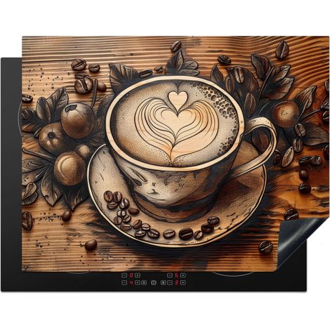 Induction Hob Protector Coffee - Vintage - Brown - Cup - Wood 77x59 cm