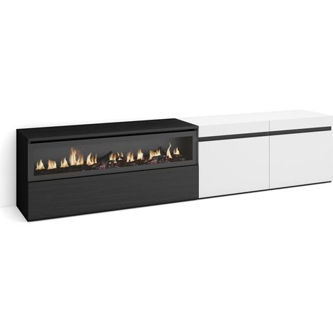 Skraut Home - Meuble TV, Banc Télé, Grand espace de Rangement, 200x45x35cm, Pour les TV jusqu'à 80", Cheminée électrique, Style moderne, Blanc et noir (1/5)