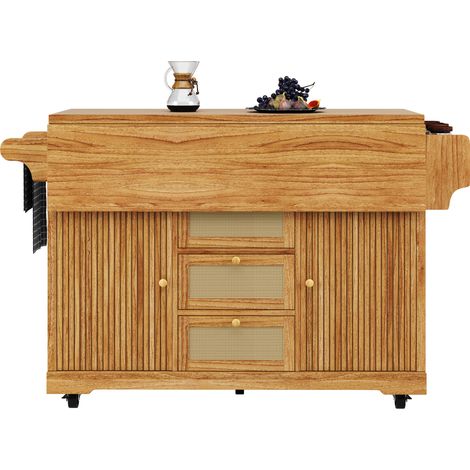 CHICFURN Desserte de cuisine pliante sur roulettes 142,5 x 40/80 x 95 cm, îlot de cuisine avec rangement, tiroirs en résine tressée et étagères réglables, marron foncé (1/5)