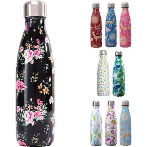 500ml Bouteille d'eau Sport Gourde Inox Isotherme Sans BPA Impression D: Noir-Fleurs (1/4)