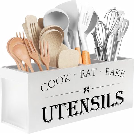 Porte Ustensiles de Cuisine Bois,Extra Large avec 4Compartiments,Blanc (1/5)