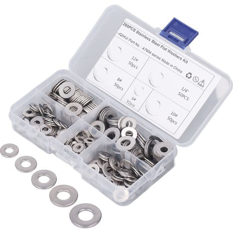 250-teiliges Set aus flachen Unterlegscheiben aus Edelstahl, 5 Größen, Korrosionsschutz-Set, Befestigungszubehör für Möbel und Heimwerkerarbeiten. (1/5)
