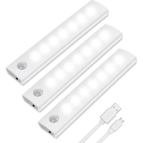 Lumière de Placard,3pcs Lampe Placard,Lampes 12 LED,Sans Fil, Rechargeable par USB, Aimanté, Détecteur de Mouvement, Baladeuse de Secours, Veilleuse Enfant[Classe énergétique A++] (1/5)