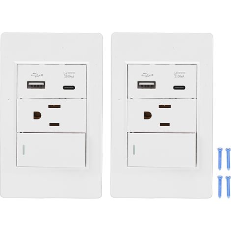 Prise murale avec interrupteur à commande unique, 2 pièces, 15A, 3 broches AC 10W, Port USB Type C 2,1a, prise US blanche (1/5)