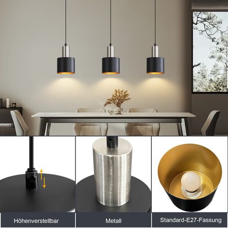 Glitzerlife Pendelleuchte Schwarz – Industrial E27 Hängelampe, 25 Cm, Retro, Höhenverstellbar – Für Wohnzimmer, Küche & Flur