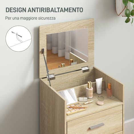 Coiffeuse avec miroir pliable, tiroirs de rangement et tabouret assorti, en bois et tissu aspect lin, finition bois clair (1/5)
