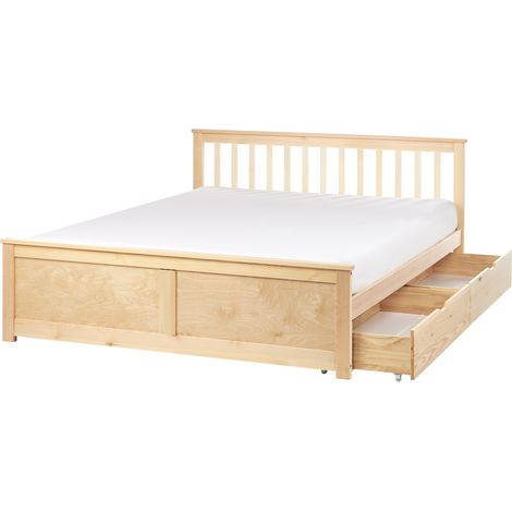 Cama con somier de madera de pino MDF minimalista con almacenaje 2 cajones 160 x 200 cm marrón claro Olendon