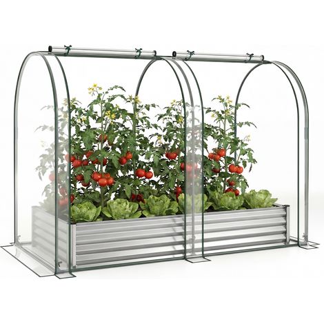 Jardinière Surélevée Galvanisée avec Serre 180 x 100 x 145 cm, Lit de Jardin avec 2 Fenêtres Zippées et Enroulables Fond Ouvert, Argent (1/5)