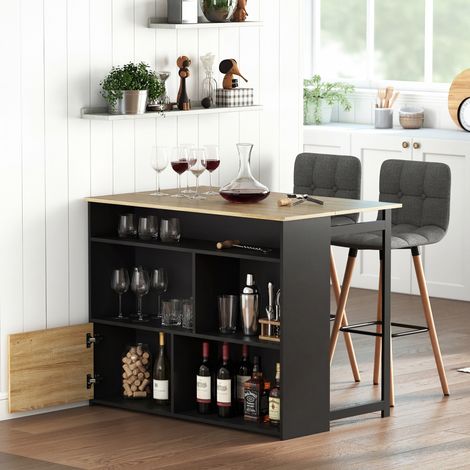 Table de bar extensible avec abattant, table haute cuisine, 1 placard et 4 compartiments ouverts, noir, 116x79,6x90,5cm