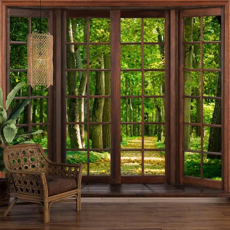 Papier peint panoramique Trompe l'oeil Fenêtre en bois - Forêt - 269 cm x 215 cm (1/5)