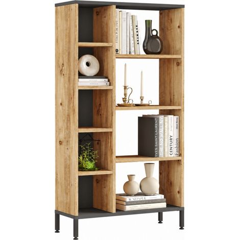 Etagère 9 Niches Chêne et Gris Anthracite Pieds Métal L 72 H 133.6 P 25.5 cm (1/5)