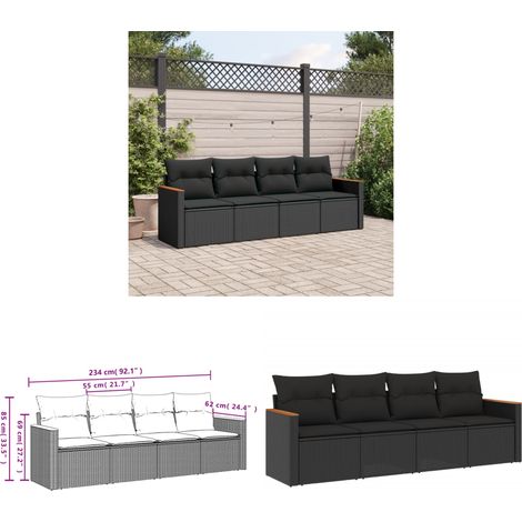 4-tlg. Garten-Sofagarnitur mit Kissen Schwarz Poly Rattan - Gartensofas - Outdoor Möbel - Gartenmöbel Set - Rattan Sofa - Lounge Set - Home & Living