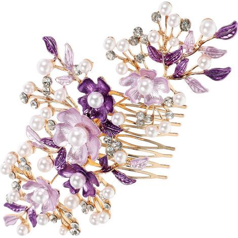 Perlenverzierter Haarkamm für die Hochzeit, florale Haarspange für die Braut – 15,5 x 7 cm – Lila (1/4)