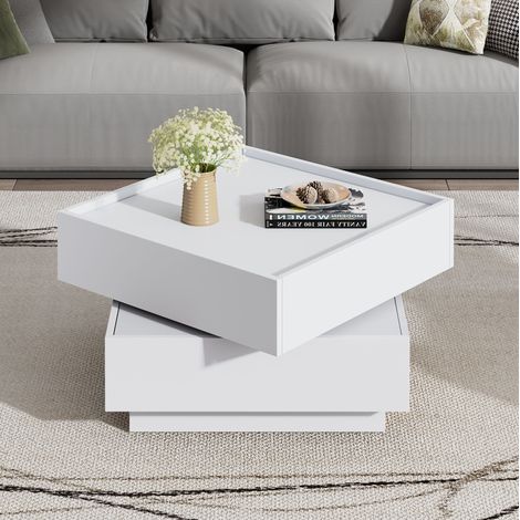 Mesa de centro 60x60x38 cm blanca de tablero de partículas con tablero giratorio 360° y 2 cajones (1/5)