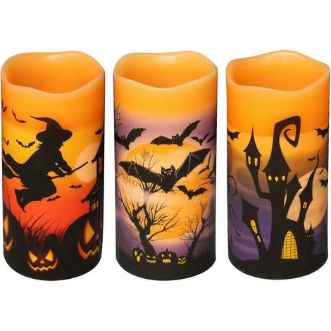 Bougies à effet flamme sans flamme, alimentées par piles, avec minuterie de 6 heures, lot de 3 bougies piliers LED en cire véritable à lumière chaude, décorées de châteaux, sorcières et chauves-souris (1/5)