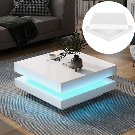 Table basse carrée 70 cm, laquée avec plateau rotatif à 360 degrés et lumière LED - Table de salon design moderne style - Noir