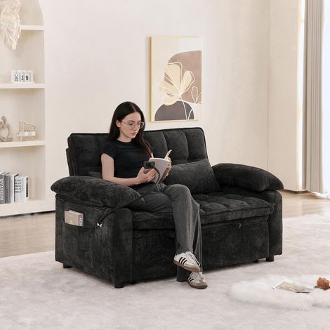 Canapé convertible 3 en 1, 142 cm, dossier inclinable 5 positions, rangements, 2 poches, porte-gobelets et support téléphone 360° - Noir (1/5)