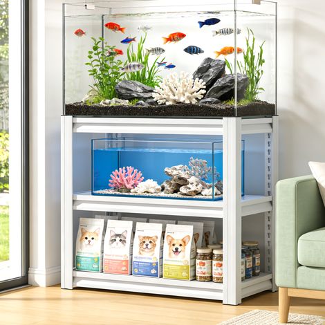 Support métallique pour aquarium 75 à 115 L (86,3×45,7×80 cm). Hauteur réglable, grande capacité de charge, étagère 3 niveaux, aussi adapté au terrarium, aquarium non inclus, pour maison et bureau. (1/5)