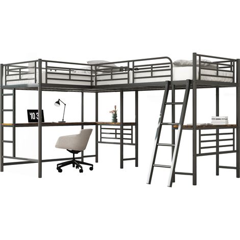 Lit mezzanine 90200cm, deux niveaux, bureau sous le lit, double escalier, garde-corps haut, noir
