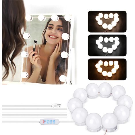 NineClouds Lumière de Miroir,10 Ampoules Hollywood Kit de Lumière LED Dimmable Lampe pour Miroir Cosmétique Salle de 3 Couleurs(Miroir Non Inclus) (1/5)