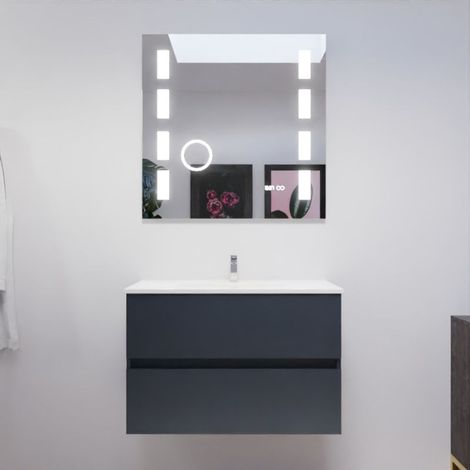 Meuble salle de bain 80 cm ROSALY avec plan vasque et miroir Excellence- Gris- Plan vasque en Céramique