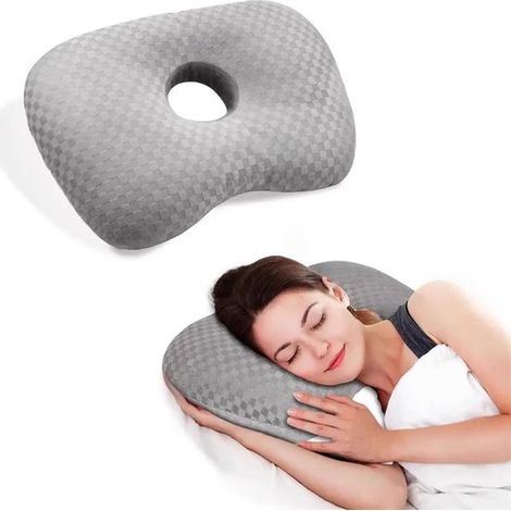 Almohada para orejas con orificios perforados – Almohada para dormir de lado de mezcla de algodón y poliéster – Protector de orejas lavable y ajustable – Gris (1/5)