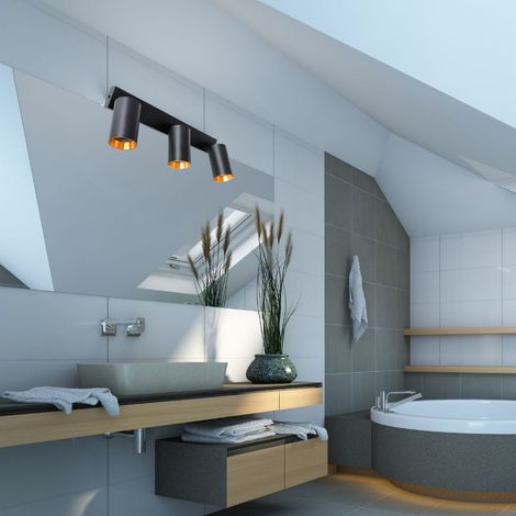 Plafoniera da Parete e Soffitto in Metallo 3 Faretti GU10 con Anello Dorato Intercambiabile Nero (1/5)